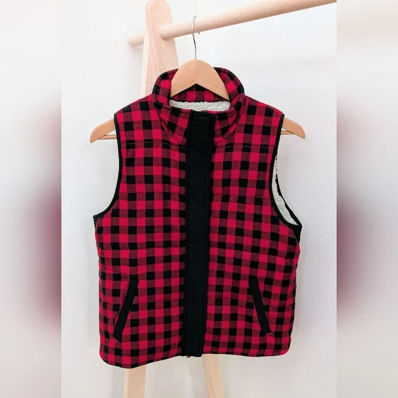 Madewell Buffalo Plaid Puffer Sherpa Lined Collared Vest In Red/Black - Picture 1 of 8